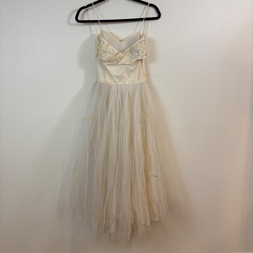 Vintage 50s Cupcake Prom Dress Women XS Cream Beaded Tulle Formal Gown Wedding